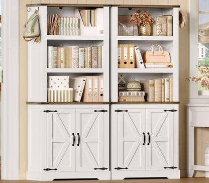 TEENFON 70.9in Tall Storage Cabinet with Adjustable Shelves, Kitchen Pantry Cabinet with 2 Barn Doors, 5 Tiers Farmhouse Bookcase for Living Room, Kitchen, Home Office, Bedroom, White - color: White-01