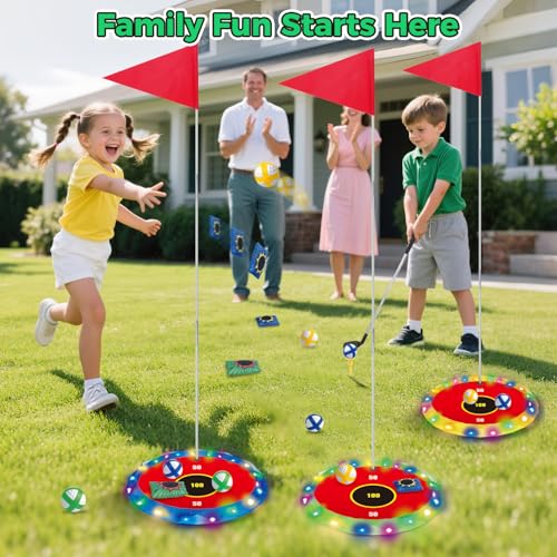VATOS 2-in-1 Light up Golf for Kids- Golf Chipping Game & Bean Bag Toss with 6 LED Targets, 2 Clubs, 18 Balls, Night Golfs Play for Indoor Outdoor Party Yard Golfer Gifts Sports Toys for Kids 5-12