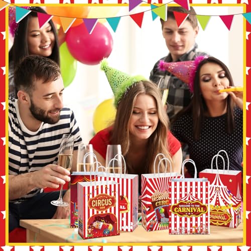 Kolldenn 48 Pcs Carnival Party Favor Bags Circus Gift Goodie Paper Bags with Handles Red White Stripe Circus Treat Candy Pouch for Carnival Party Supplies Birthday Mardi Gras Decorations - style: Circus
