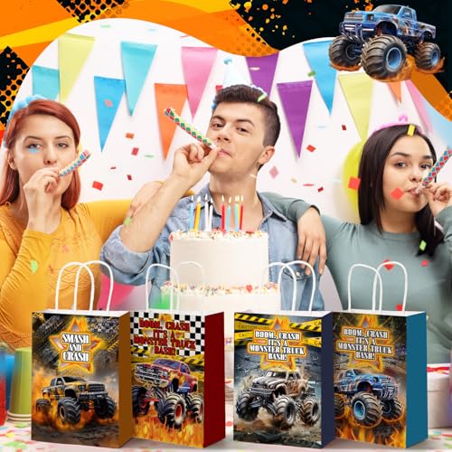 Kolldenn 48 Pcs Monster Truck Themed Goodie Bags with Handles Paper Truck Theme Gift Bag Racing Car Party Favors Candy Treat Pouch for Birthday Decorations Baby Shower Supplies - style: Truck