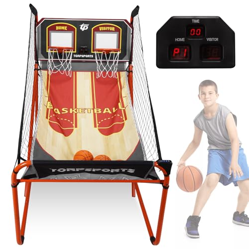 Foldable Indoor Basketball Arcade Game LED Electronic Scoring Double Basketball Machine with Sturdy Steel Frame for 2 Players, Ideal for Home Game Room Kids Adults Family Entertainment