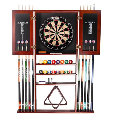 GSE Games & Sports Expert 10 Billiard Pool Cue Rack & Dart Board Cabinet Combination, Wall Mounted Billiard Pool Cue Rack Only, Dartboard Cabinet Only with Dart Scoreboard - color: Mahogany