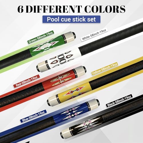 HMQQ 58 Inch Pool Cue Sticks Set, 2/4/6 Pack 20 oz 2-Piece Billiard Cues with 13mm Leather Tips, Matching House Cue Set for Adults, Home Tables, Bars & Group Play - size: Set of 6