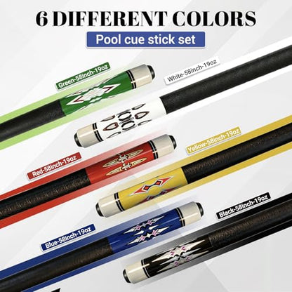 HMQQ 58 Inch Pool Cue Sticks Set, 2/4/6 Pack 20 oz 2-Piece Billiard Cues with 13mm Leather Tips, Matching House Cue Set for Adults, Home Tables, Bars & Group Play - size: Set of 6
