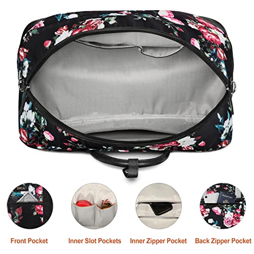 Weekender Bag for Women, Large Overnight Bag Canvas Travel Duffel Bag Carry On Tote with Shoe Compartment 21" 3Pcs Set - color: A15-black+black rose
