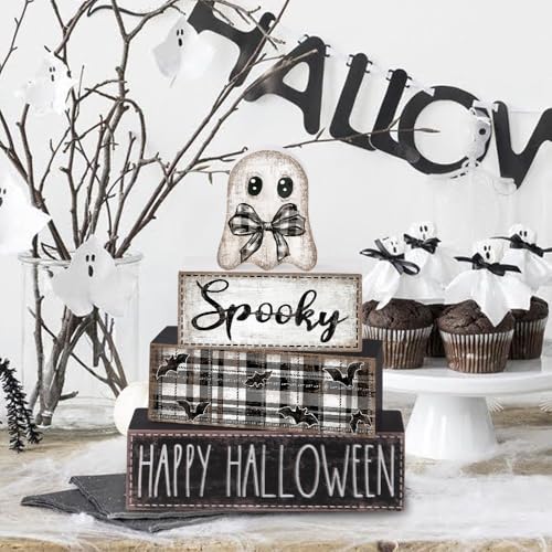 DIYDEC 4Pcs Halloween Table Decoration Happy Halloween Wooden Block Sign Ghost Rustic Tiered Tray Decor Centerpiece Sign for Farmhouse Holiday Tabletop Coffee Fireplace Shelf Desk Party Decor - style: Ghost
