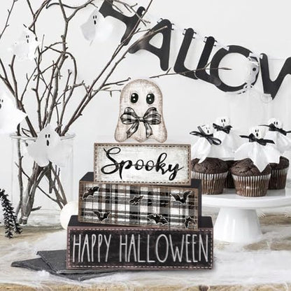 DIYDEC 4Pcs Halloween Table Decoration Happy Halloween Wooden Block Sign Ghost Rustic Tiered Tray Decor Centerpiece Sign for Farmhouse Holiday Tabletop Coffee Fireplace Shelf Desk Party Decor - style: Ghost