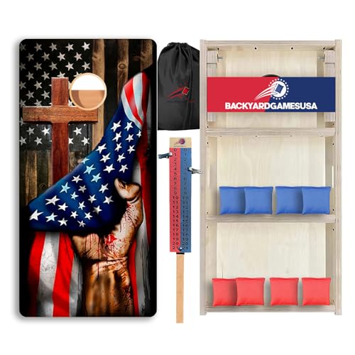 CornholeGamesUSA Pro Cornhole Boards Set | Made in USA | 3/4 Baltic Birch | No Bounce | Triple Thick Legs | Two Brace & Handles, Tournament 2x4 Regulation Set with Score Tower & Cornhole Bags - color: Cross Flag Hand