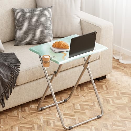 TV Trays Table Set of 2 Portable Folding TV Tray Table TV Dinner Tray with Sturdy MDF, Small Folding Tables with Phone & Tablet Slot, No Assembly Required, 15 x 18.9 x 25.6 in (Sea Blue Marble, 2Pcs) - color: Sea Blue, size: 2PCS