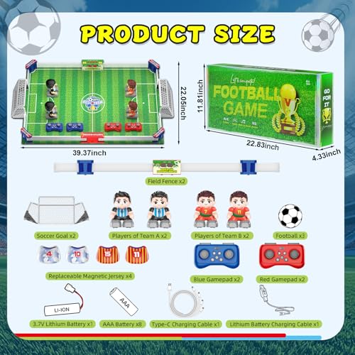 Cokzer Remote Control Soccer Games, Foosball Table Game for Kids with 4 Remotes, 3 Balls, LED Scoreboard, Lights & Sound, Rechargeable RC Soccer Board Game for 1-4 Players Ages 6+