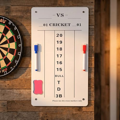 Hard Board Dry Erase Dart Scoreboard with Tempered Protective Film, 7.87x13.78 Inch Cricket & 01 Game Scoring Board with Markers & Eraser for Home, Game Room, Bar and Outdoor Use