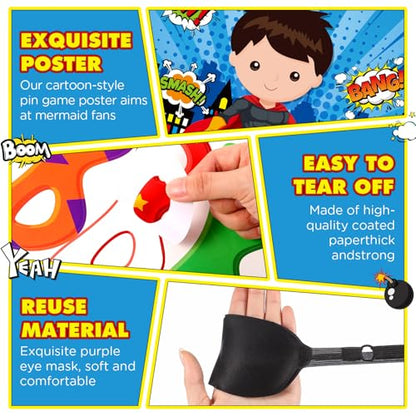 Faccito Hero Party Games Super Theme Hero Games Pin Mask on The Cityscape Poster with 24 Pcs Stickers and Blindfold Pin The Tail Set for Birthday Party Decorations Carnival Favors Supplies - style: Hero