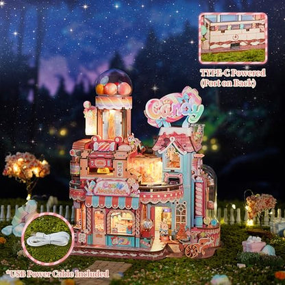 Tonecheer 3D Wooden Puzzle for Adults- Candy Workshop, Mechanical Transmission Model Kit, Dynamic DIY Building Set with Music & Lights, Miniature House Kit Ideas - style: Candy Workshop