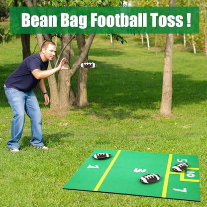 Gemscream Football Bean Bag Toss Set with Green Soccer Field Carpet and 8 Pcs Mini Bean Bags Cornhole Set for Holiday Backyard, Beach Camping Family Party Activities