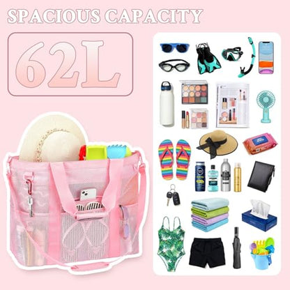 GYEUKHAM Mesh Beach Bag for Women, Sand-Resistant Pool Tote, 9 Pockets (1 Inner Zip), Foldable Family Travel Essentials - color: Extra Large - Pink