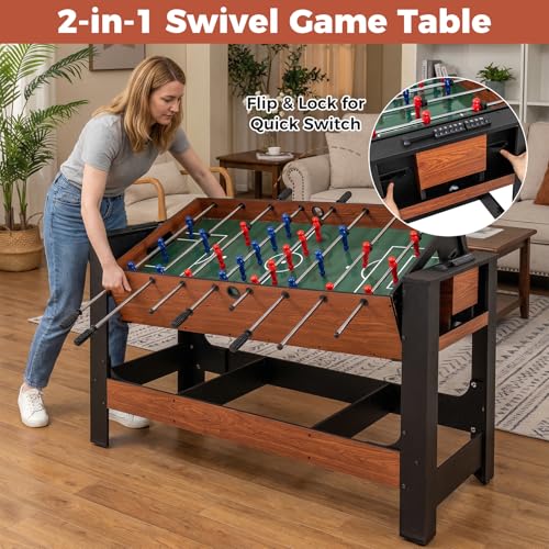 Goplus 2-in-1 Swivel Game Table, 54'' Full Size Foosball & Pool Combo Table for Adults, Indoor Outdoor Combination Arcade Table for Home Game Room Party