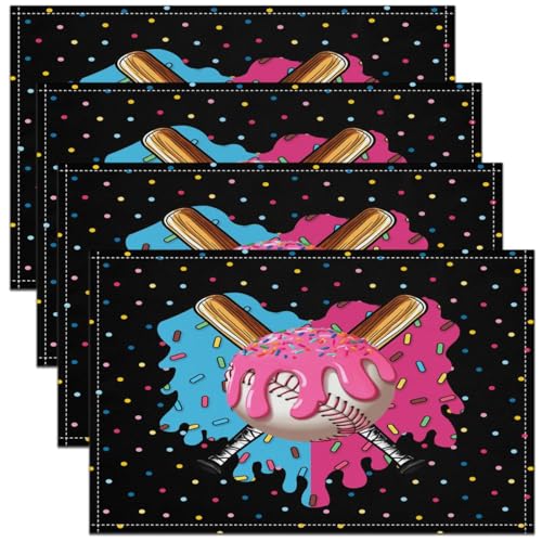 Ice Cream Drip Baseball Kids Placemats Set of 4,Baseball Bat Sport Game Competition Table Place Mats,Geometric Polka Dots Patchwork Kitchen Decor,Blue Pink Placemat Kitchen Table Decoration 12"x18" - color: Blue Pink