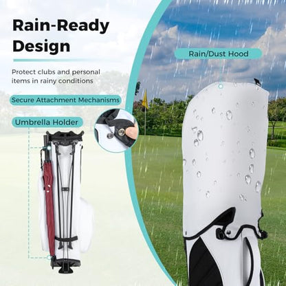 ULTIMATE Golf Stand Bag, 8-Way Golf Bag with 5 Pockets, Rain Hood, Detachable Dual Shoulder Strap, Lumbar Pad, Handles, Portable Golf Club Bag for Men & Women - color: White