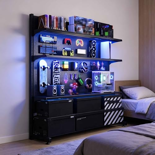 Standing Pegboard Shelf Unit, Free Standing Gaming Shelf, Modular Pegboard and Shelf System with 20 Hooks, Versatile Storage Organizer for Home Office Gaming Room(Black,75cm) - color: Black, size: 75cm