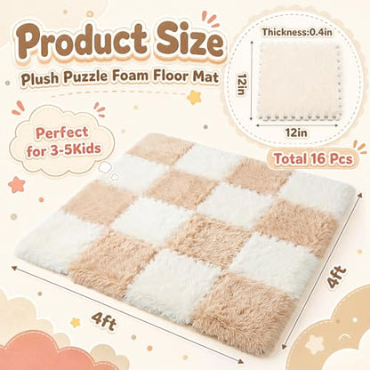 16 Pcs Beige Camel Faux Fur Floor Tiles, 11.8 x 11.8 in Puzzle Girls Play Soft Tiles, 1.5 Inch Shaggy Square, EVA Foam Floor Mat for Nursery, Playroom, Bedroom, Toddler Room, Daycare - color: Beige Camel