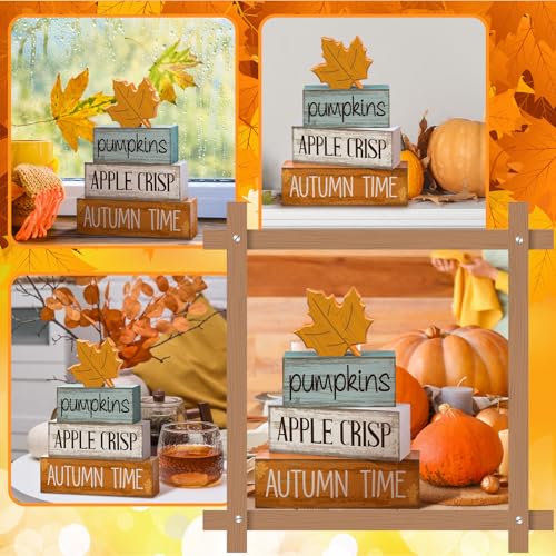 Lineshading 4 Pcs Fall Decoration for Home Wooden Maple Leaf Fall Tiered Tray Decor Thanksgiving Table Centerpiece Rustic Decorative Maple Leaf Block Signs Gift Farmhouse Autumn Decoration for Home - style: Autumn Maple Leaf