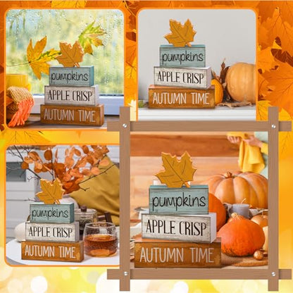 Lineshading 4 Pcs Fall Decoration for Home Wooden Maple Leaf Fall Tiered Tray Decor Thanksgiving Table Centerpiece Rustic Decorative Maple Leaf Block Signs Gift Farmhouse Autumn Decoration for Home - style: Autumn Maple Leaf