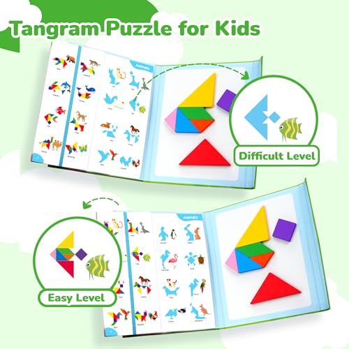 BenBen Travel Tangram Puzzle with Magnetic Wooden Shapes for Kids 4-8 8-12 | Extra Large Dual-Sided Magnet Surface, Color Pattern IQ Book, Road Trip Car Plane Game, Educational STEM Toys for Kids Adults - style: 7 Pieces Blocks