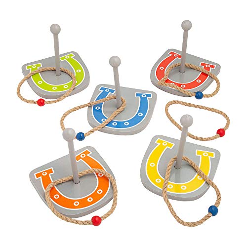 Fun Express Western Horseshoes Ring Toss Game - Outdoor Games for Kids and Adults | Yard Games for Family Reunions, Birthday Party Games, Backyard Fun | Wooden Lawn Games Set with Rope Rings 11 Pieces | Outdoor Games for Kids and Adults, Yard Games for Fa