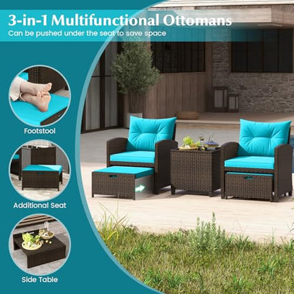 Tangkula 5 Pieces Patio Conversation Set, PE Wicker Outdoor Furniture Set with 2 Chairs, 2 Ottomans & Tempered Glass Coffee Table, Ideal for Poolside, Backyard, Lawn, Deck, Mix Brown & Turquoise - color: Mix Brown & Turquoise