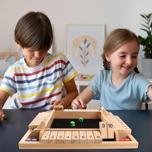 GSE Games & Sports Expert 1-4 Player Wooden Shut The Box Dice Board Game with 8 Dice. 4-Way 10 Numbered Shut The Box Set of Popular English Pub Board Game - Natural Wood - color: Natural Wood