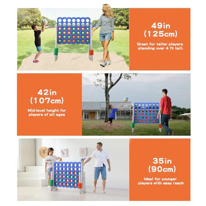 UNICOO Jumbo 4-in-a-Row Game Set, Height Adjustable Indoor Outdoor Yard Game with Basketball Hoop, Ring Toss & Carrying Bag, Family Party Lawn Game for Kids and Adults - color: Blue & White