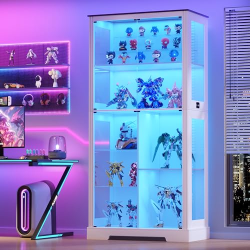 Gurexl Modern Glass Display Cabinet - Human Body Sensor,7-Tier Curio Cabinet with Glass Doors for Collectibles,Tall Display Case with 3 Color Lights for Living Room(White) - color: White