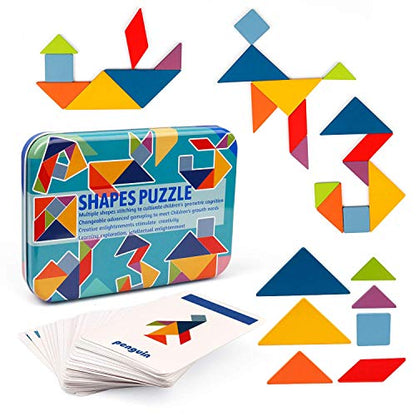 Vanmor Wooden Tangrams Sets Pattern Blocks, Shape Card Brain Teaser Puzzles Educational Toy, Travel Games for Kids Ages 4-8 Road Trip Essentials - color: Tangrams Set