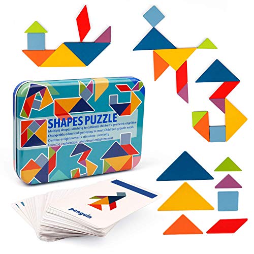 Vanmor Wooden Tangrams Sets Pattern Blocks, Shape Card Brain Teaser Puzzles Educational Toy, Travel Games for Kids Ages 4-8 Road Trip Essentials - color: Tangrams Set