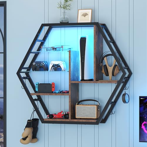 kepptory 39 inch Large Gaming Floating Shelves with LED Lights, 5 Tier Wall Mounted Shelves with 2 Removable Glass Shelf, Pipe Shelves Hanging Display Rack with 8 Hooks, Easy Assembly (Retro Brown) - color: Brown, size: 7.9"D x 39.4"W x 34.3"H