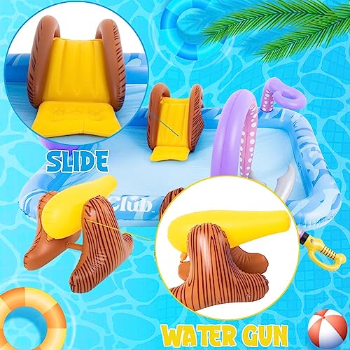 Inflatable Play Center, Inflatable Octopus Spray Pool with Base Pool, Slide, Wooden Block, Octopus Blow up Water Slides for Kids Adults Outdoor Backyard - size: 84"