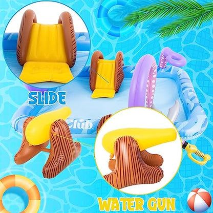 Inflatable Play Center, Inflatable Octopus Spray Pool with Base Pool, Slide, Wooden Block, Octopus Blow up Water Slides for Kids Adults Outdoor Backyard - size: 84"