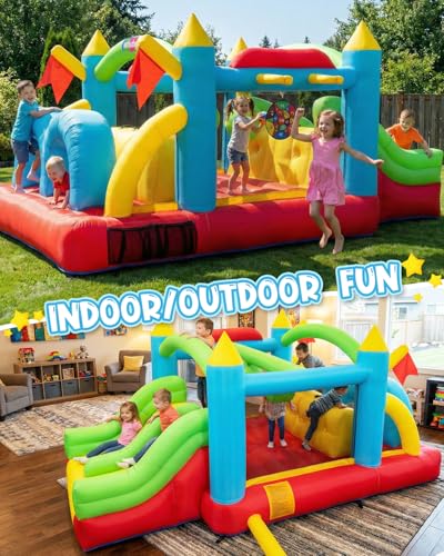 Whubefy Bounce House for Kids 3-6 Big Kids 8-12, 15.3 X 9ft Inflatable Obstacle Course with Dual Tunnels/Double Slides/Two Climbing Walls/Two Boxing Ball Obstacles/Basketball Hoops/Removable Dartboard - style: 550W Blower