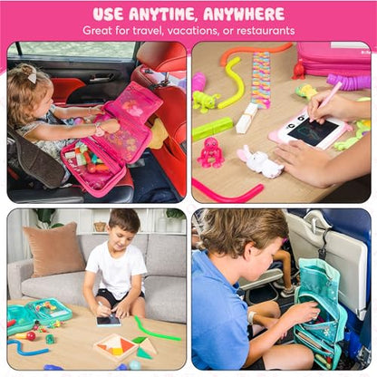 Travel Essentials for Kids – All-in-One Hanging Bag with Kid Toys, Road Trip Activities for Kids, Sensory Toys & Travel Games for Airplane Trips, Car Rides, Gifts for Boys & Girls Ages 4+ (Pink)