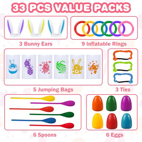 digi Easter Games for Kids and Family- 33 Pcs Potato Sack Race Bags,Egg and Spoon Race,Legged Relay Race Bands Easter Gifts Toys for Kids Outdoor Eggs Hunt Party Favors Activities（Over 3 years old）