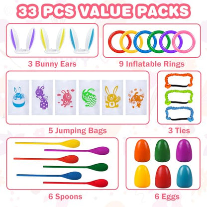 digi Easter Games for Kids and Family- 33 Pcs Potato Sack Race Bags,Egg and Spoon Race,Legged Relay Race Bands Easter Gifts Toys for Kids Outdoor Eggs Hunt Party Favors Activities（Over 3 years old）