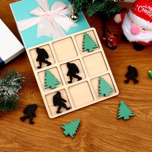 Wooden Tic Tac Toe Game, 10 Wood Pieces with Pine Tree & Bigfoot Motifs, Portable Tabletop Game for Camping, Adult Party Games, Family Game Night,Travel Games (Bigfoot)