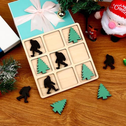 Wooden Tic Tac Toe Game, 10 Wood Pieces with Pine Tree & Bigfoot Motifs, Portable Tabletop Game for Camping, Adult Party Games, Family Game Night,Travel Games (Bigfoot)
