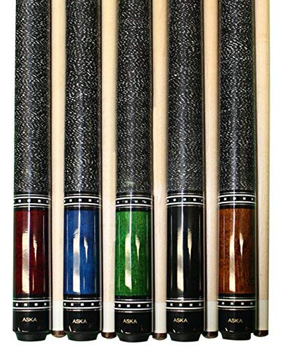 ASKA Set of 5 Pool Cue Sticks 58", 2-Piece Construction, 5/16x18 Joint, Hard Rock Canadian Maple, 13mm Hard Glued On Tip, Mixed Weights and Colors, Choice of Style - style: L9