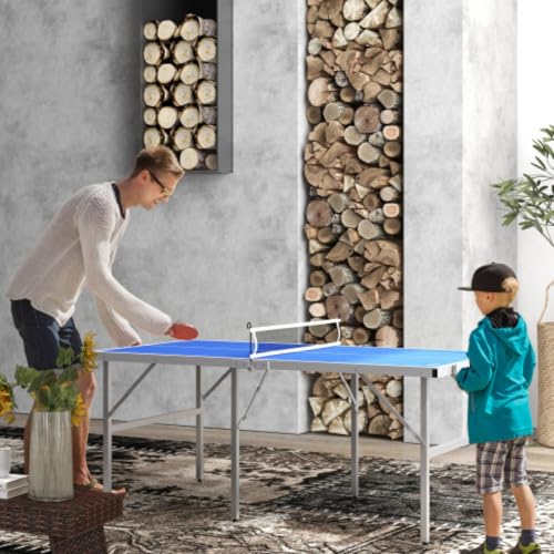Mini Table Tennis Set, Foldable Table Tennis Table, Children's Table Tennis Table, Suitable for Indoor and Outdoor Use, with Net, 2 Rackets, 3 Balls, Adjustable Feet, Easy to Assemble, Blue
