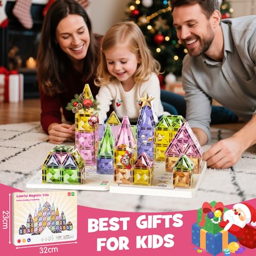 Magnetic Tiles for Kids Ages 4-8, Magnetic Blocks Travel Set with Diamond Surface & Metal Storage Box, 60PCS STEM Learning Toys, Educational Building Gifts for 3-8 Year Olds - style: Medium Magnetic Tiles - 60PCS