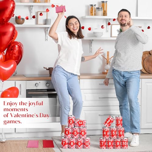 30 Pcs Valentine's Day Carnival Bean Bag Toss Party Game, Knock Down Can Games Set, Includes 20 Metal Can 8 Bean Bags 2 Set Number Stickers for Outdoor and Indoor Games Carnival Party