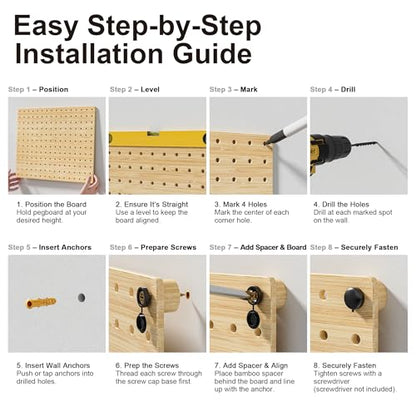 VOIMO Bamboo Pegboard Organizer Set, 6 Panels (16"x12") with 48 Hooks – Eco-Friendly Wall Mounted Storage Rack for Tools, Crafts & Office – Natural Bamboo Pegboard System with Accessories - size: 16'' X 12'' (6 Panels)