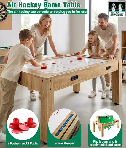 7FT 4-in-1 Multi Game Table, Combo Game Table with Billiards, Air Hockey, Ping Pong & Dining Table, Wood Game Room Table with All Accessories for Home, Family, Adults & Kids