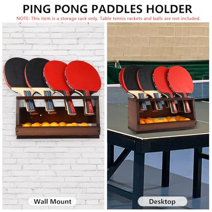 Ping Pong Paddle Holder, Ping Pong Paddle Storage Rack Hold 8 Rackets, 2-in-1 Wall Mount & Countertop Table Tennis Holder for Garage, Game Room, Bar and Men Cave - color: Brown